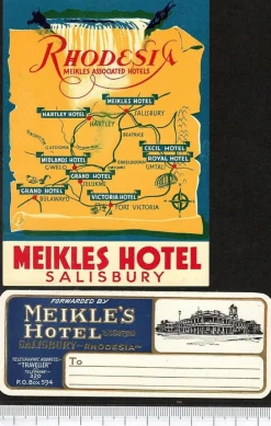 Tradera 2 bagageetiketter Meikle´s hotel, Salisbury Rhodesia hotell> Kuriositeter