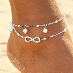 Tradera 23 cm 28 cm Fotsmycke Fotlänk Ankellänk Fotkedja pärlor infinity silver färg> Ankelkæder