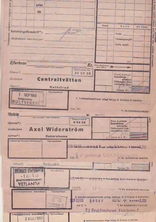 Tradera 11 fraktsedlar till Kvillsfors fr. olika avsändare + 2 retur> Jernbane- & Sporvogns-memorabilia