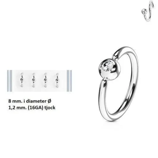 Tradera 1 Piercingring i Titanium-IP 316L stål (8 Ø /1,2)med CZ> Piercinger