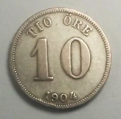 Tradera 10 öre 1904 Oscar II Silvermynt| Svenske Mønter