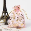 Tradera 25 st. Handsydda Organza påsar Fuxia med guldrosor c.a 10x12 cm.| Bryllups-borddækning & Dekorationer