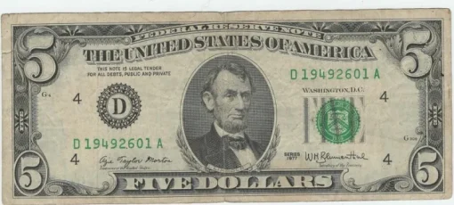 Tradera 1 st, USA, Sedel. valör Five Dollar. år 1977.| Sedler