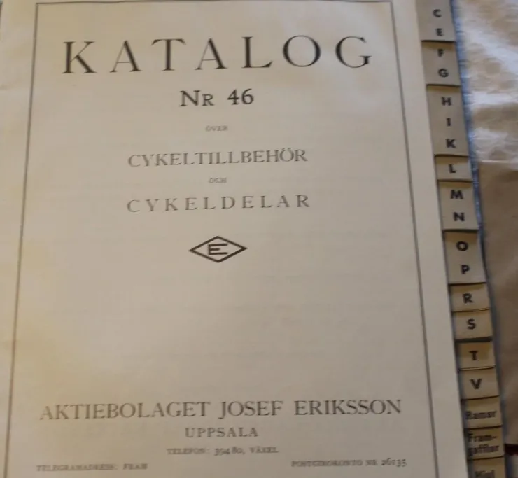 Tradera AB JOSEF ERIKSSON UPPSALA. KATALOG NR 46 ( 1946 ) CYKELTILLBEHÖR OCH CYKELDELAR| Andet Køretøjsrelateret