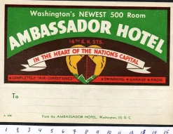 Tradera Bagageetikett Ambassador hotel, Washington USA hotell> Kuriositeter