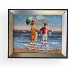 Tradera Ban på stranden, oljemålning med ram, innermått 20x25 cm| Malerier