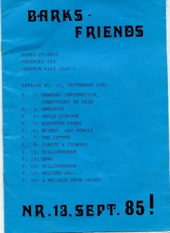 Store Barks friends 1985 nr 13 Disney Carl Barks fanzine/katalog Amerikanske Serier