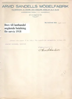 Tradera Brev från Arvid Sandells Möbelfabrik Hultsfred angående betalning 14 juni 1918> Fragtsedler & Fakturaer