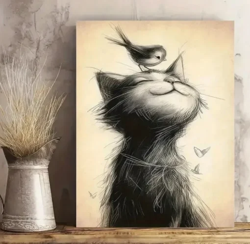 Tradera Canvas Poster Katt Fågel 40x30| Plakater