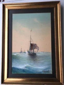 Tradera Carl Lindqvist ”Vinga Hamn” signerad oljemålning på pappskiva ca:56x36,5 cm.| Malerier