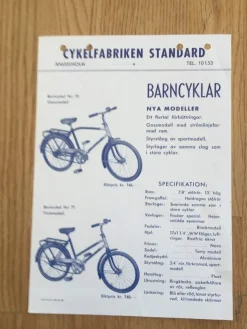 Tradera Cykelfabriken Standard Broschyr 1950-talet 1 sida. Mycket gott skick.| Bensinia