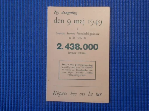 Tradera Dragningslista Svenska statens premieobligationer 1949> Lotterier & Lodsedler