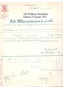 Tradera Faktura från AD. Wallberg & Son Stockholm 23 april 1927 till småländsk handlare> Fragtsedler & Fakturaer