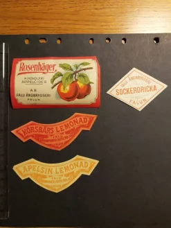 Tradera Falun, ångbryggeri. Rosenhäger, socker, körsbär, apelsin. Etiketter| Breweriana