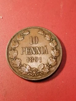Tradera Finland/Russia * 10 penniä 1891 Copper Alexander III *Mycket Bra cond.1+| Udenlandske Mønter