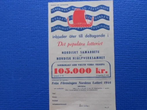 Tradera Föreningen Norden inbjuder till deltagande i 1946 års stora lotteri> Lotterier & Lodsedler