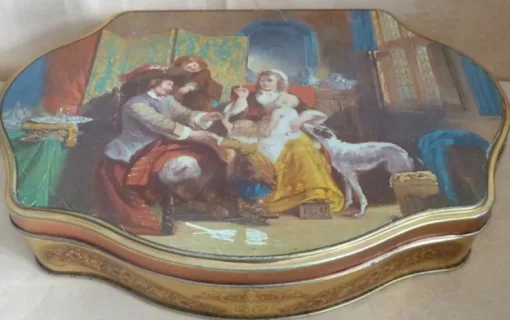 Tradera Hellas Plåtask Chokladkonfekt 600g Konstbild Familjeidyll fr1800-t 30x20cm Retro> Metalemballage