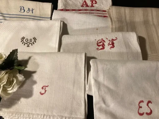 Clearance Hemvävda handdukar i linne/bomull monogram hantverk tvättade Tekstiler