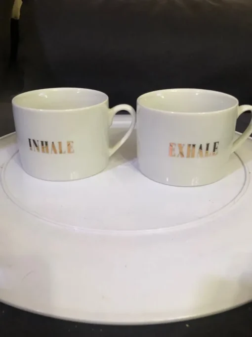 Cheap H&M HOME TVÅ MUGGAR VITA OCH GULD MED TEXT INHALE EXHALE Keramik & Porcelæn, Svensk