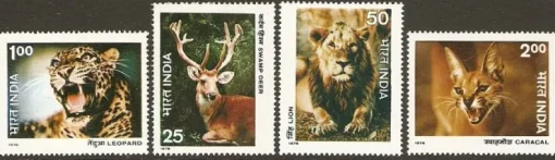 Tradera Indien Hjort lejon leopard katt caracal Mi 691-94 xx| Asien