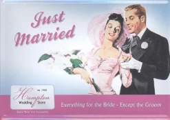Tradera Just Married - Vykort i plåt - PlåtVykort| Bryllups-borddækning & Dekorationer