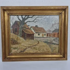 Tradera Karl Örbo - Gårdsmotiv - Oljemålning på pannå - Tavla| Malerier