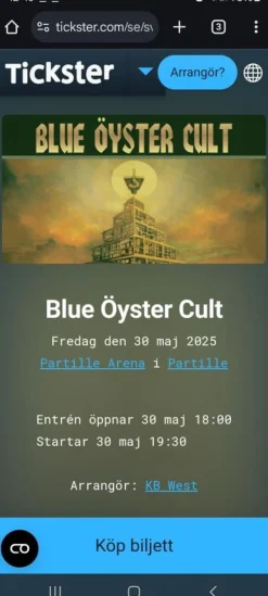 Fashion Konsertbiljett 1 st sittplats till Blue Öyster Cult 30 maj 2025 Partille Arena Koncerter