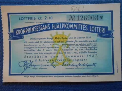 Tradera Kronprinsessans hjälpkommittés lotteri 1937> Lotterier & Lodsedler