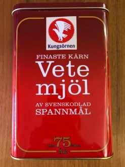 Tradera Kungsörnen Vetemjöl plåtburk 75-års jubileum 2004> Metalemballage