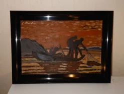 Tradera L. Nordin, Äldre tempera på pannå, Fiskare vid Höga Kusten, Vintage painting.| Malerier