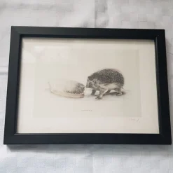 Shop Lasse Åberg, Tryckt bild med igelkott i svart ram.Ca 20x15 cm. Øvrige Antikviteter & Design