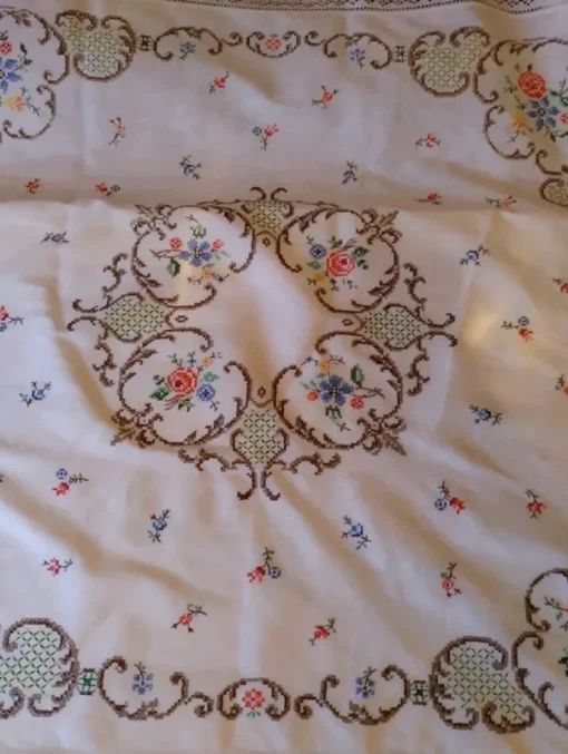 Hot ÄLDRE VACKERT HANDBRODERI STOR BORDSDUK BRODYR ROSOR BLOMMOR LANTLIGT VINTAGE Tekstiler