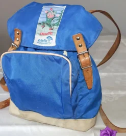 Fashion Liten ryggsäck från 60-talet/ Vintage/ Blå ryggsäck/ Nylon/ Läder/ Galon Andre Børneartikler