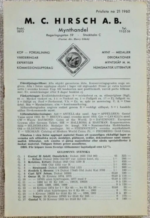 Tradera LITTERATUR. Hirsch Mynthandel. Lagerlista 21, 1960| Andre Mønter & Sedler