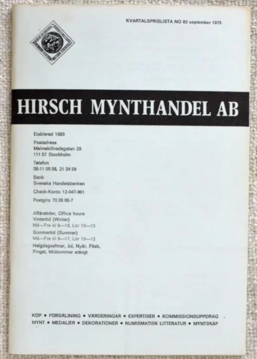 Tradera LITTERATUR. Hirsch Mynthandel. Lagerlista 83, 1975| Andre Mønter & Sedler