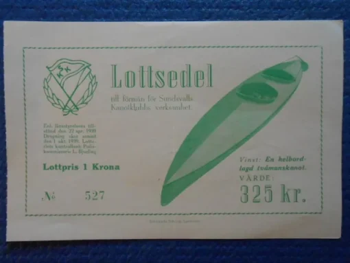Tradera Lottsedel Sundsvall Kanotklubb 1939. Max Anderssons kanotbyggeri Västerås> Lotterier & Lodsedler