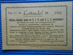 Tradera Lottsedel Västra Härads krets av S.L.U och S.L.S varulotteri 1953> Lotterier & Lodsedler