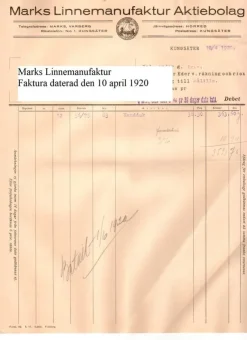 Tradera Marks Linnemanufaktur Aktiebolag Faktura 10 april 1920 Varberg Horred Kungsäter> Fragtsedler & Fakturaer