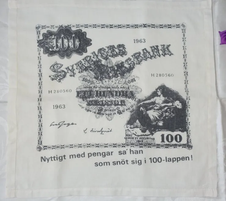 Online Näsduk/ Vintage/ Etthundra kronor/ 1963/ Sveriges Riksbank/ Bomull Tekstiler