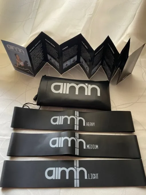 Tradera Nya Aim'n Aimn resistance band träningsband svart övningsbeskrivningar fodral> Gymnastik