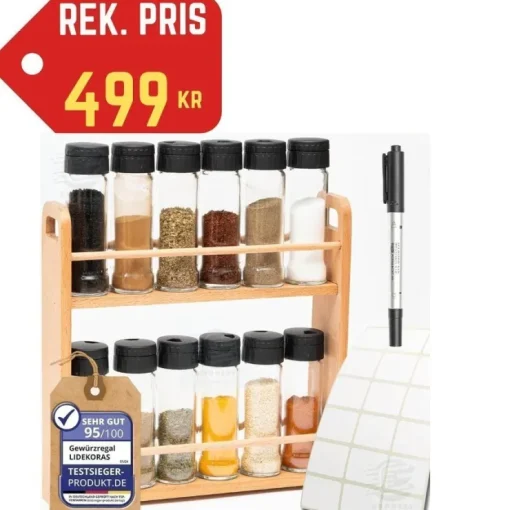 Tradera NYTT Eleganta Bokträ Kryddhylla •12x105ml Glasburkar •Två Våningar •Nypris 499kr| Kaffe & Te