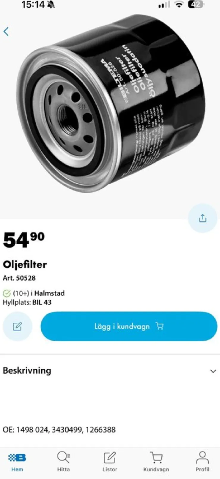 Tradera Oljefilter Biltema b20 m.flera| Autodele & Reservedele