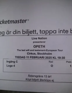 Outlet OPETH på Cirkus. EN biljett Lyxplats Koncerter