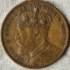 Tradera Oskar II (1872-1907). Till Ominelsa 25 år som kung 1897. Mässing Sverige & Norge| Andre Mønter & Sedler