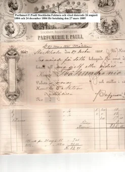 Tradera Parfumeri F.Pauli Stockholm Faktura och växel daterade 1884 och 1885 lanthandel> Fragtsedler & Fakturaer