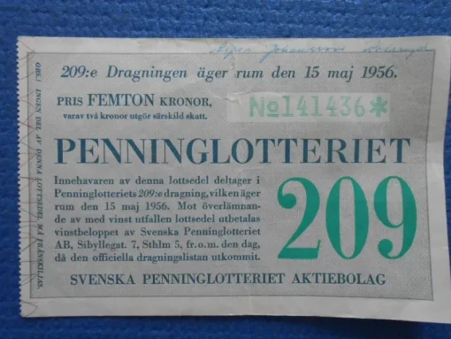 Tradera Penninglotteriet 15 maj 1956> Lotterier & Lodsedler