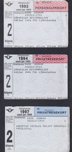 Tradera Personalfrikort 1993 samt Privatresekort 1994 och 1997> Jernbane- & Sporvogns-memorabilia
