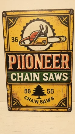 Tradera Pioneer Motorsåg plåtskylt> Skilte