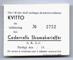 Tradera POLLETT / KVITTO. Cedervalls Skomakeriaffär> Øvrige Samleobjekter