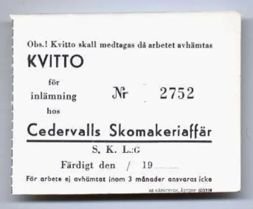 Tradera POLLETT / KVITTO. Cedervalls Skomakeriaffär> Øvrige Samleobjekter